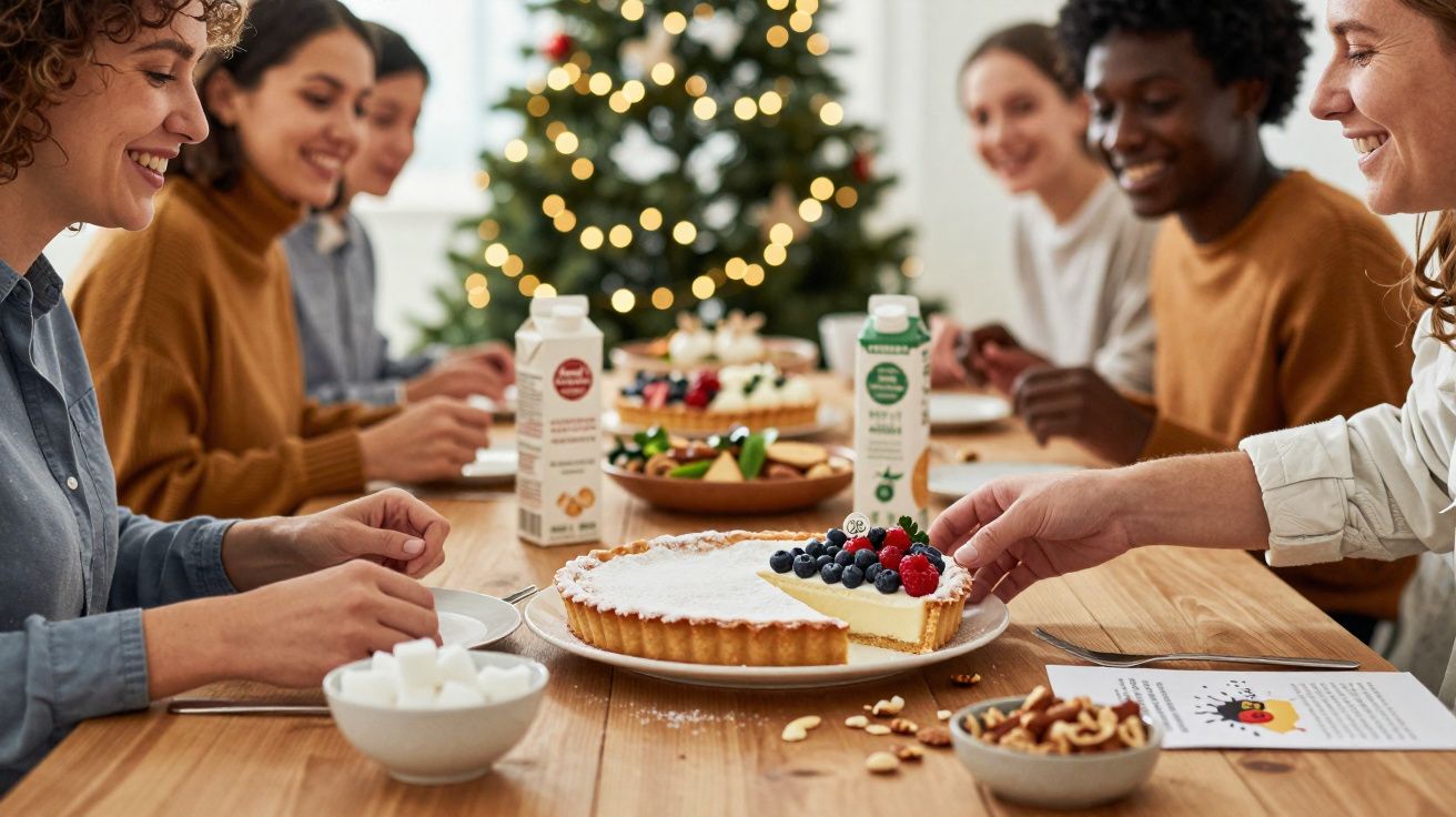Grupo de amigos a partilhar uma tarte com frutos vermelhos numa mesa decorada para o Natal.