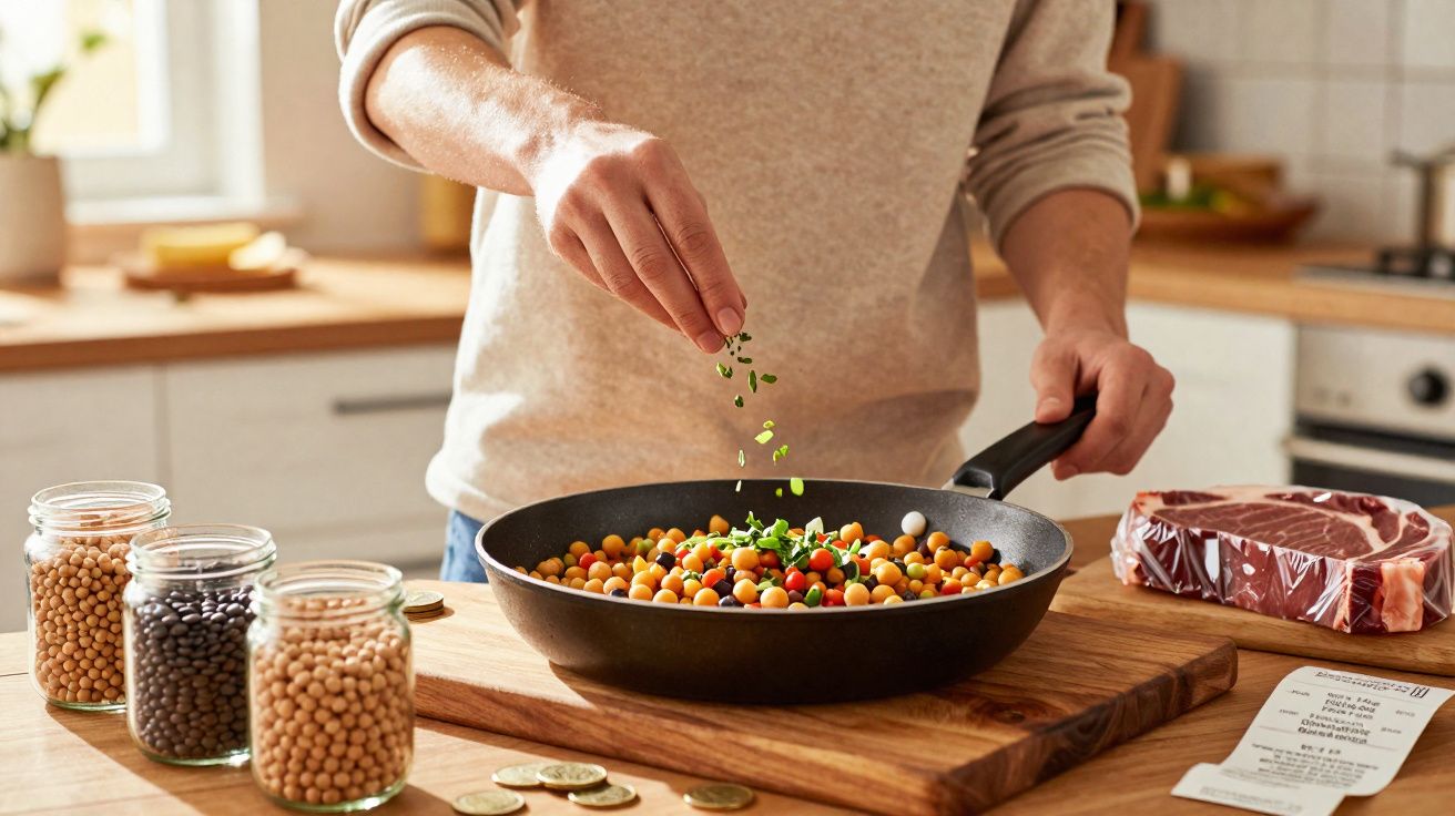 Pessoa a temperar grão-de-bico com legumes numa frigideira numa cozinha moderna.