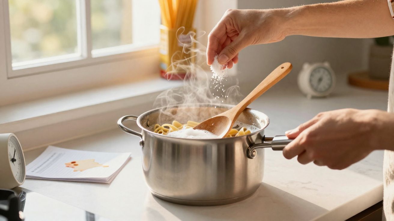 Mãos a cozer massa num tacho metálico, adicionando sal numa cozinha iluminada.