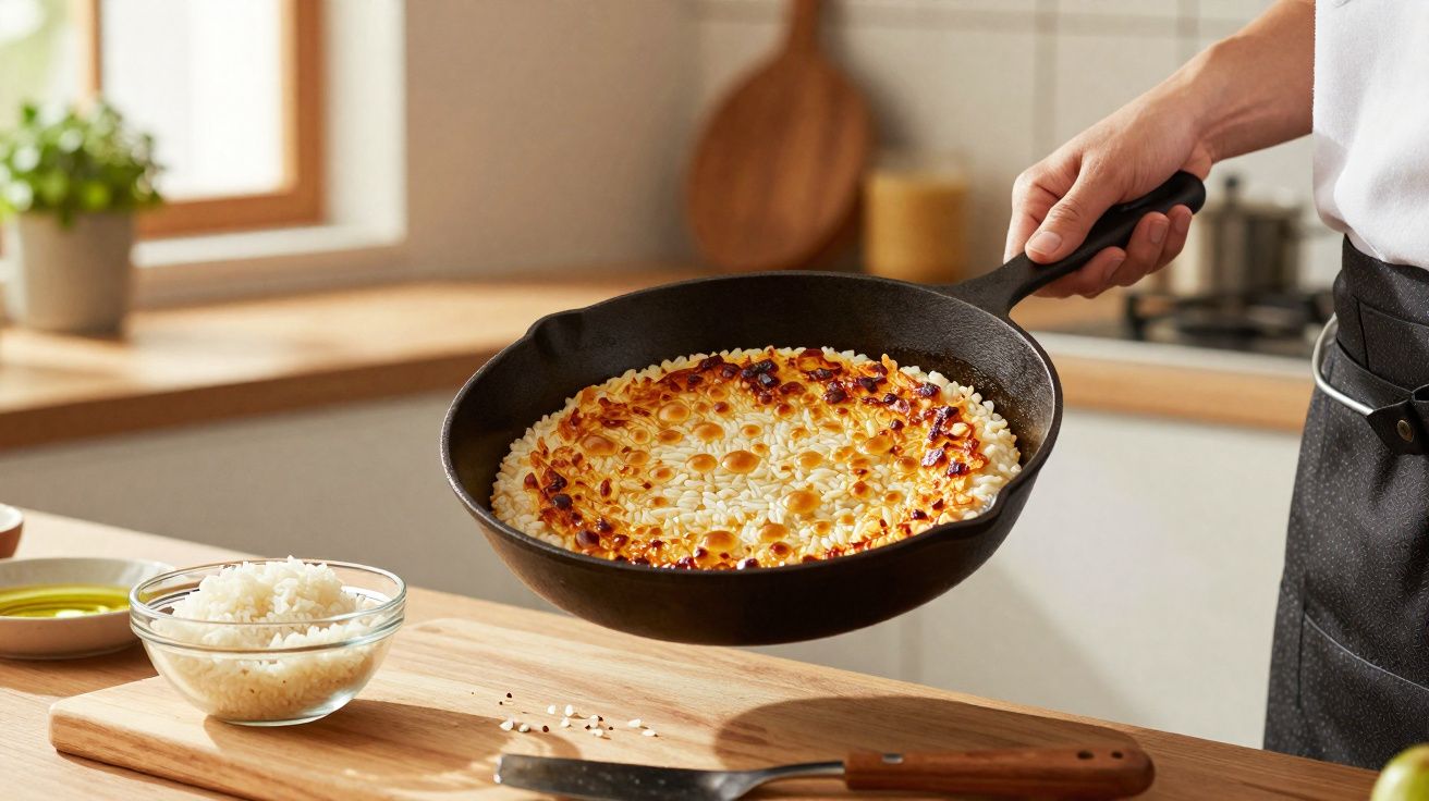 Pessoa segurando frigideira com arroz crocante, em cozinha moderna e iluminada.