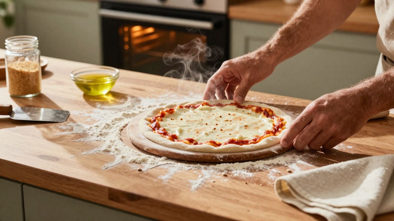 Mãos a preparar uma pizza com queijo e molho numa bancada de cozinha, com forno ligado ao fundo.