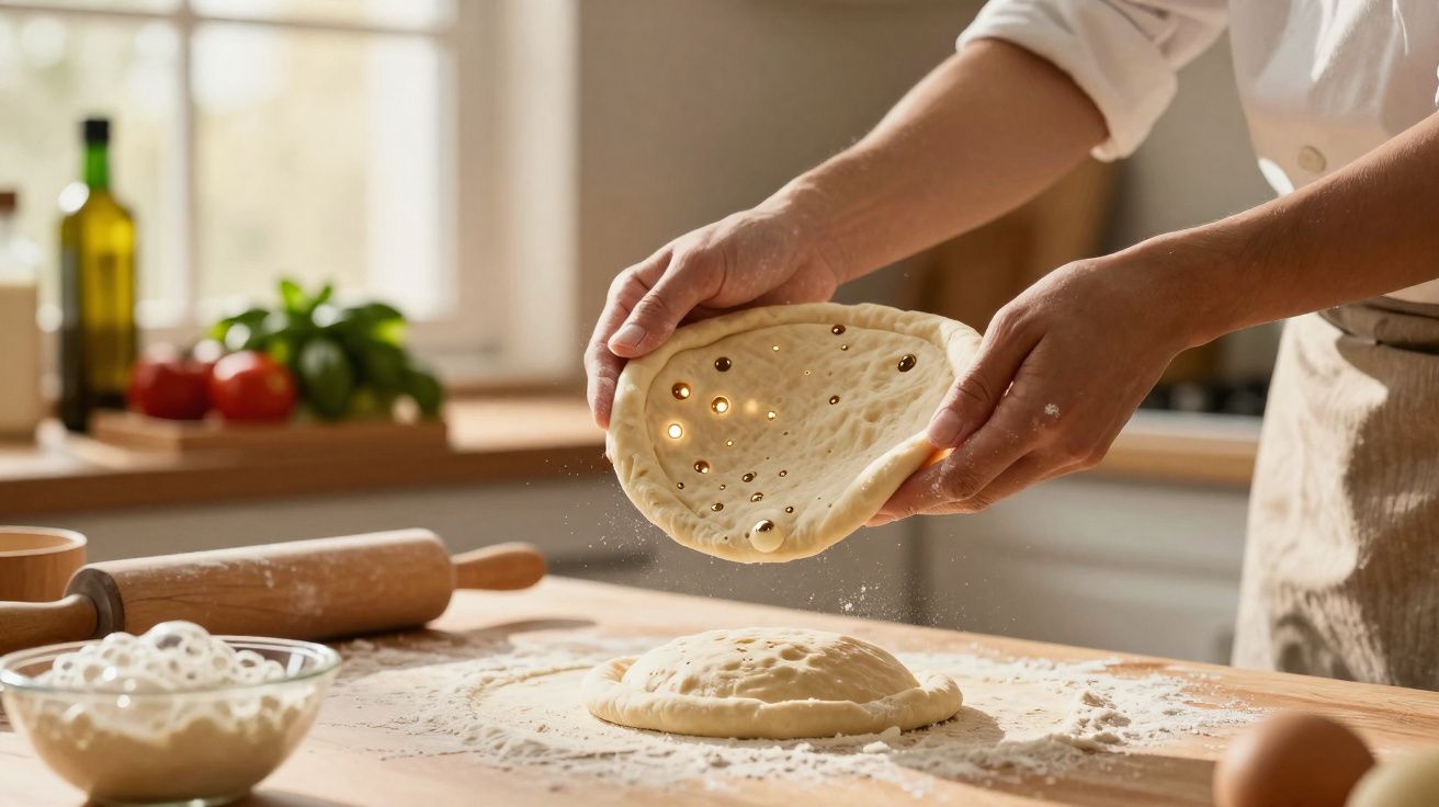 Pessoa a preparar massa de pão ou pizza numa cozinha, segurando um disco de massa fina.