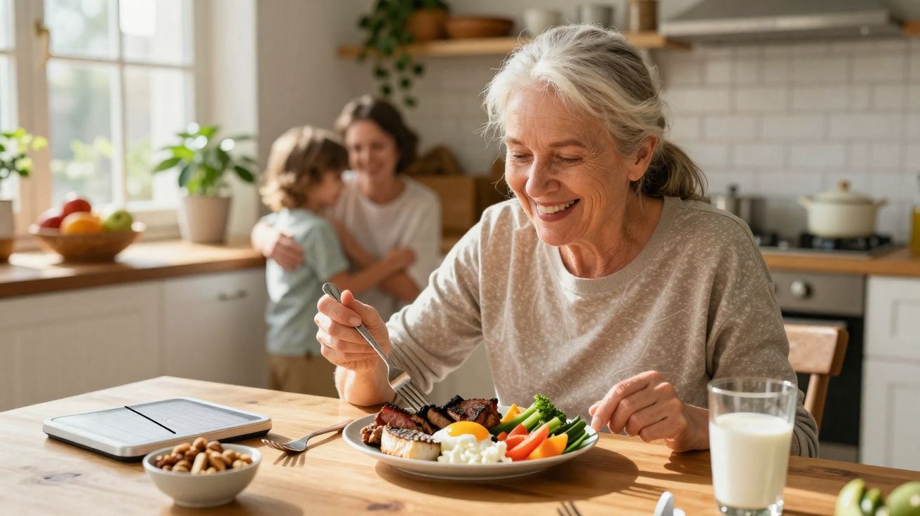 Mulher sénior sorridente a preparar-se para comer uma refeição saudável numa cozinha luminosa, com outras pessoas ao fundo.