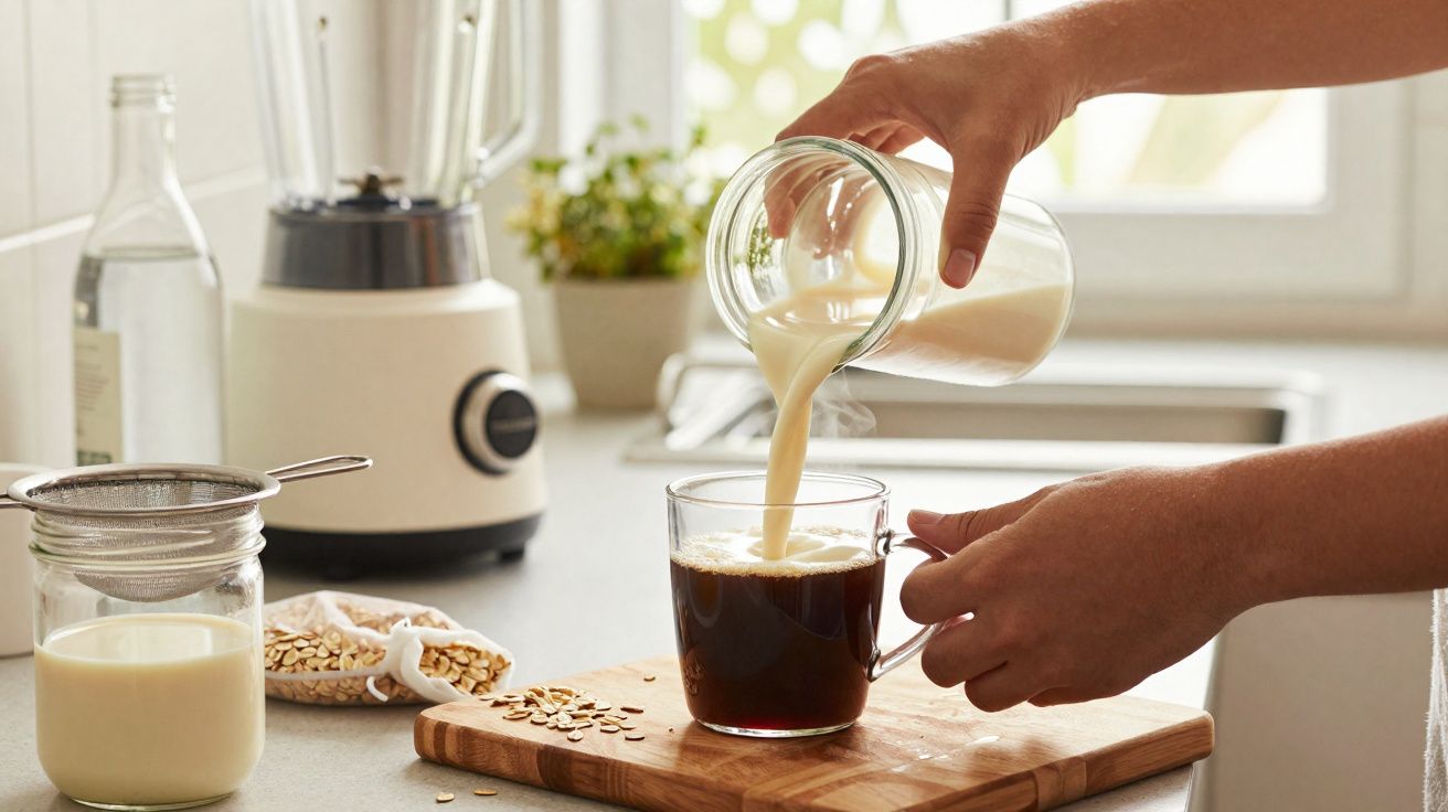 Mãos a verter bebida vegetal branca num chávena com café numa cozinha moderna e luminosa.