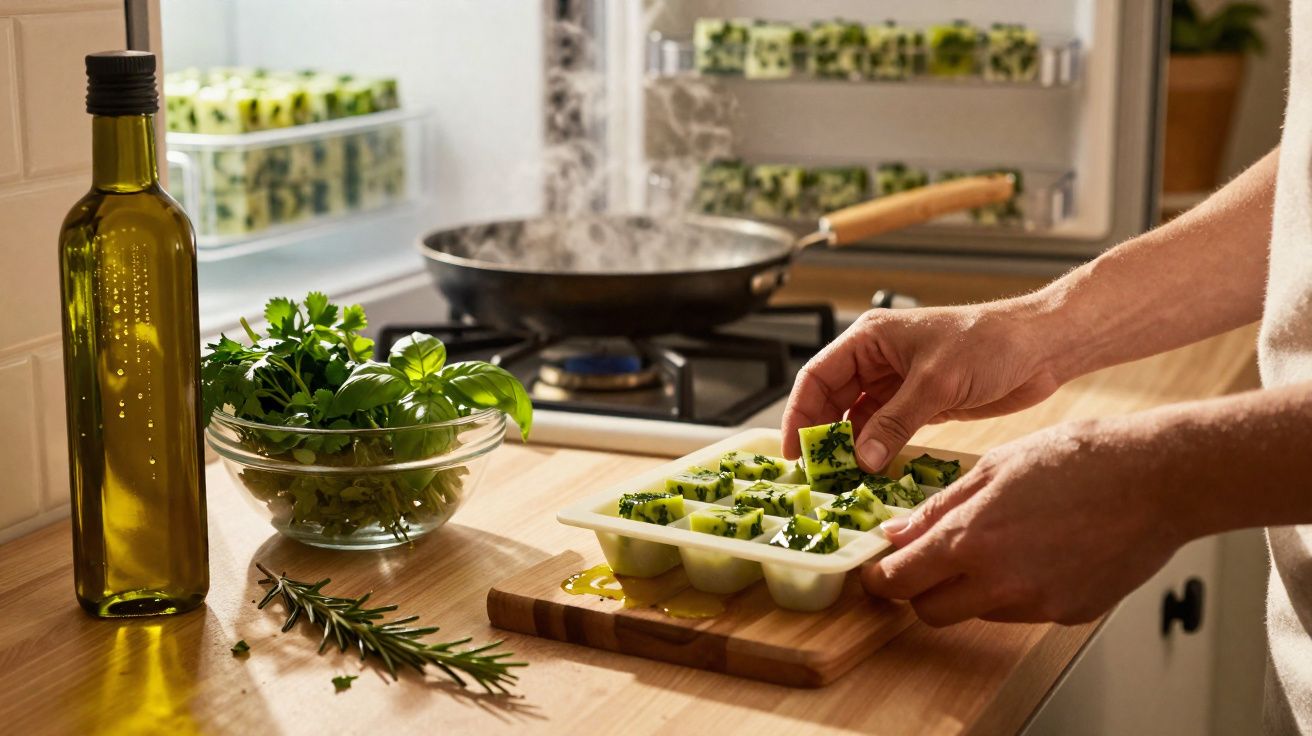 Pessoa a preparar cubos de ervas aromáticas congeladas numa cozinha com frigideira a fumegar ao fundo.