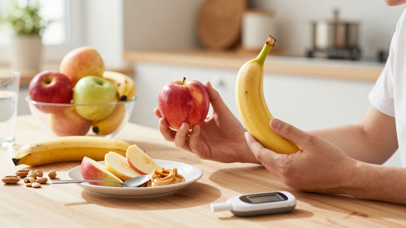 Pessoa segura uma maçã e uma banana junto a prato com maçã fatiada, manteiga de amendoim e medidor de glicose.