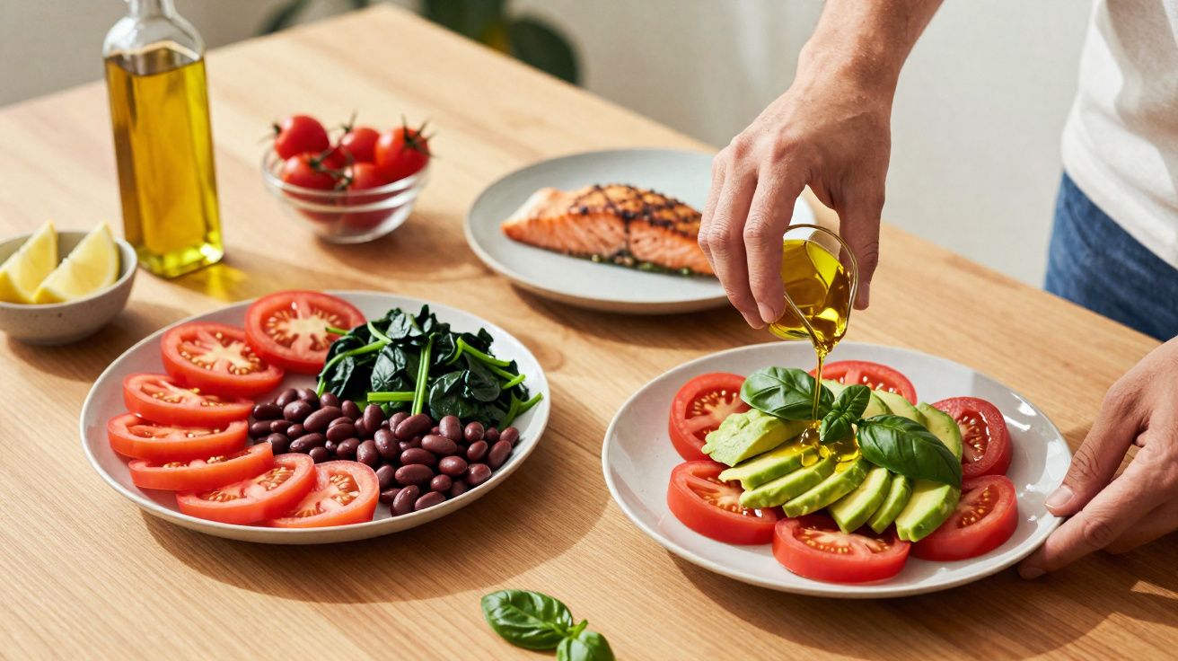 Mãos a regar azeite sobre abacate e tomate, ao lado de pratos com tomate, feijão, espinafres e salmão grelhado.