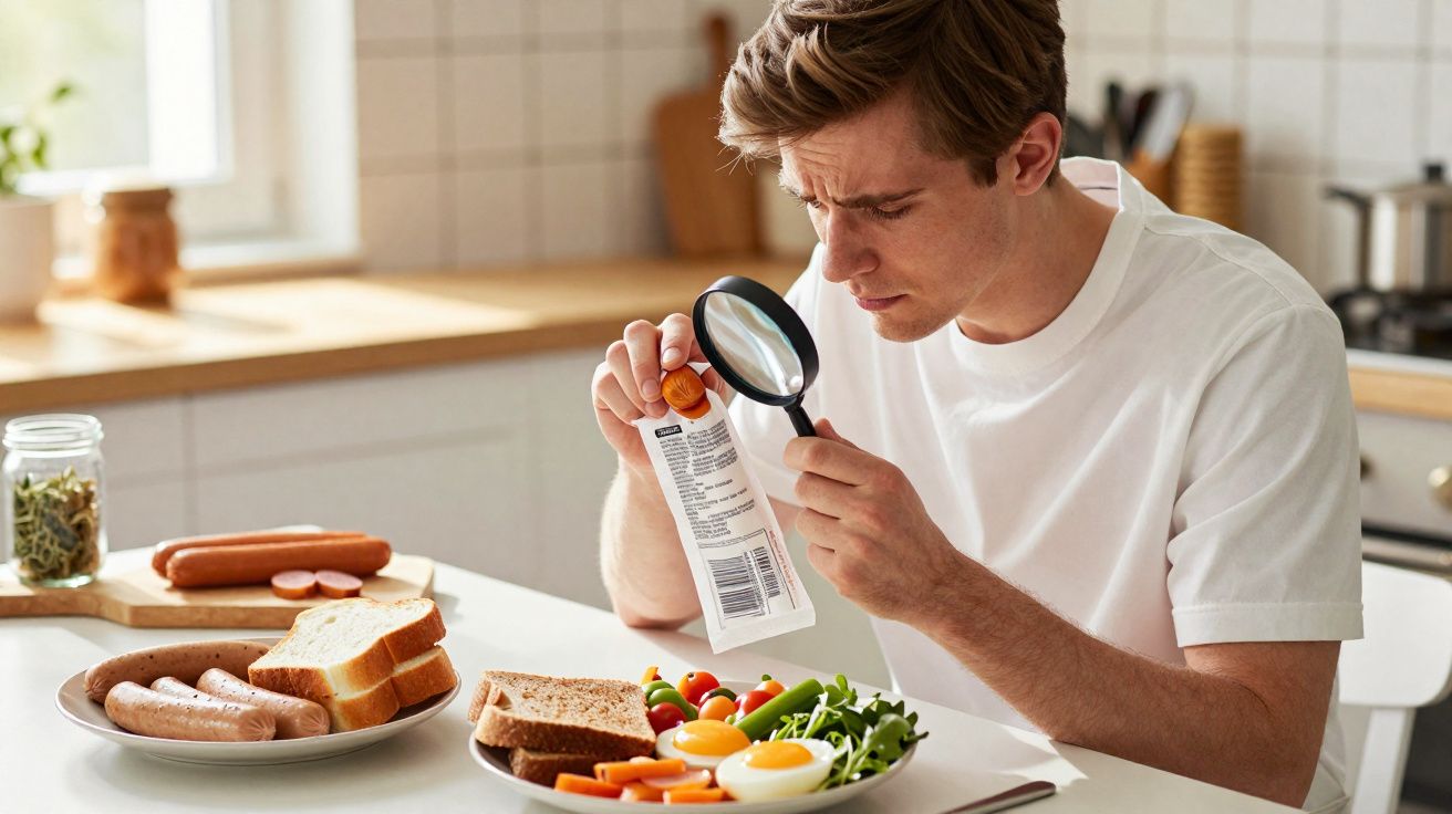 Homem examina rótulo de produto alimentar com lupa, sentado à mesa com pratos de comida saudável e salsichas.
