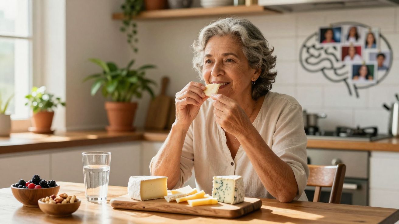 Mulher idosa sorridente a comer queijo numa cozinha luminosa com mesa cheia de comida saudável.