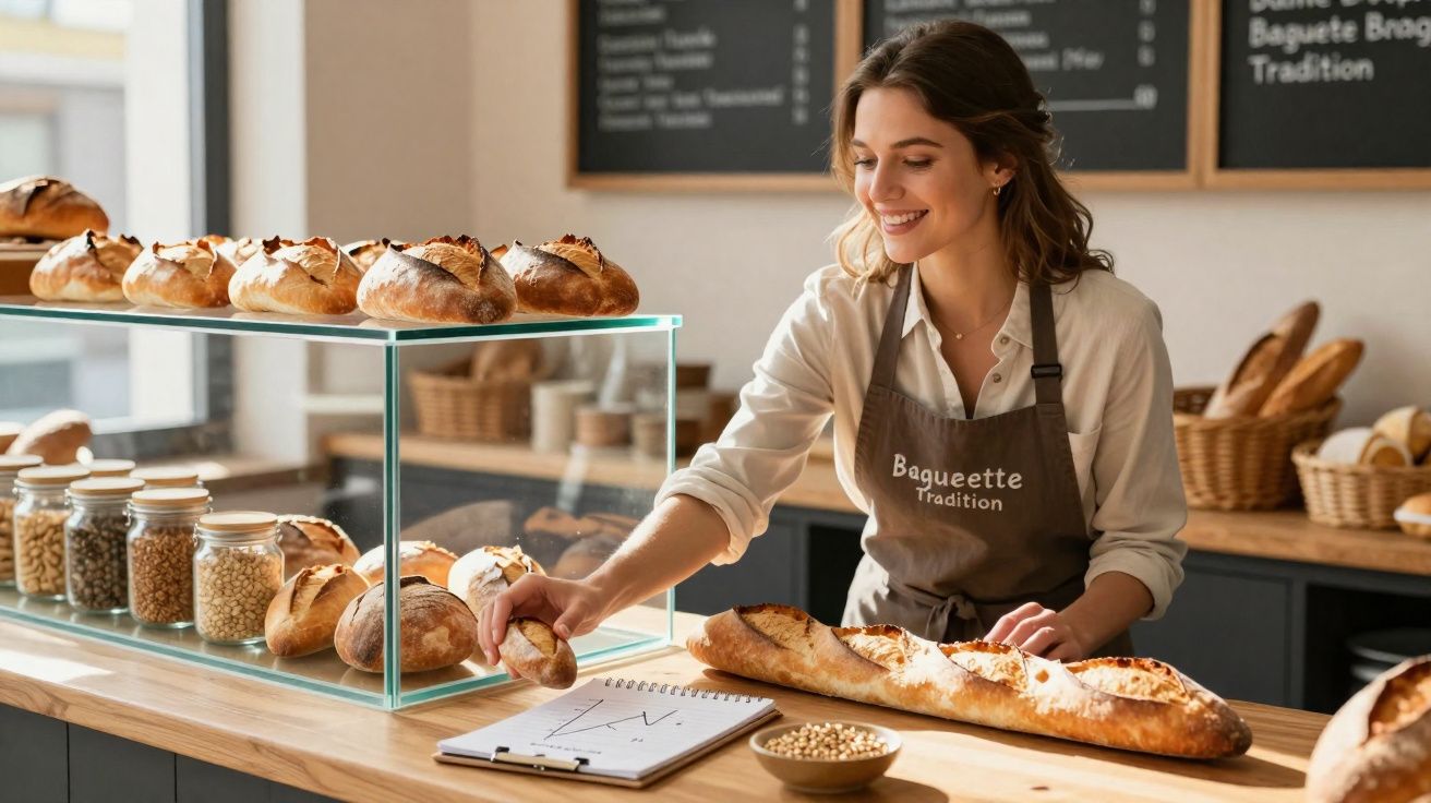 Mulher sorridente em avental serve pão fresco numa padaria moderna com variedades de pães expostas.