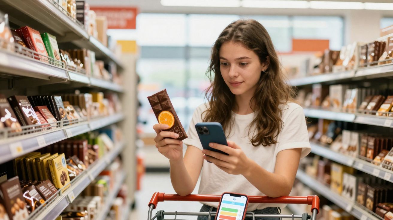 Jovem a segurar barra de chocolate e telemóvel num corredor de supermercado com carrinho de compras.
