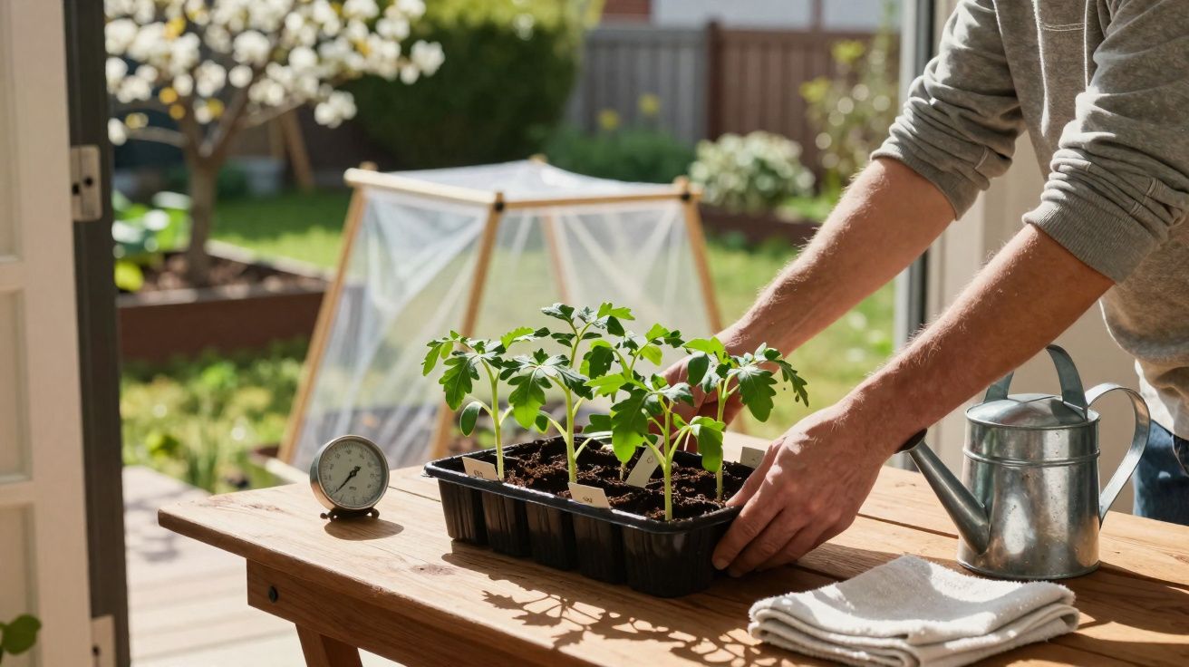 Mãos a mover regador e tabuleiro com rebentos de plantas numa mesa de madeira junto a porta aberta para jardim.