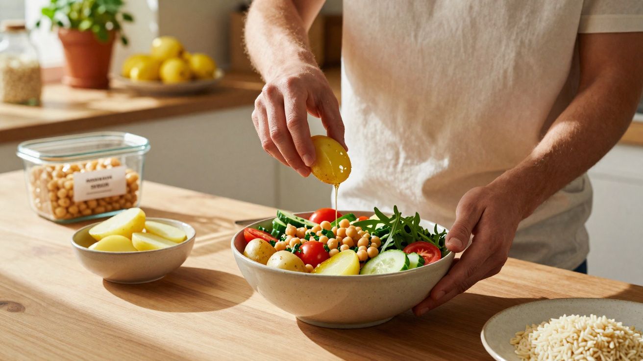 Pessoa a espremer limão sobre salada com grão-de-bico, tomate, pepino e batata numa cozinha iluminada natural.