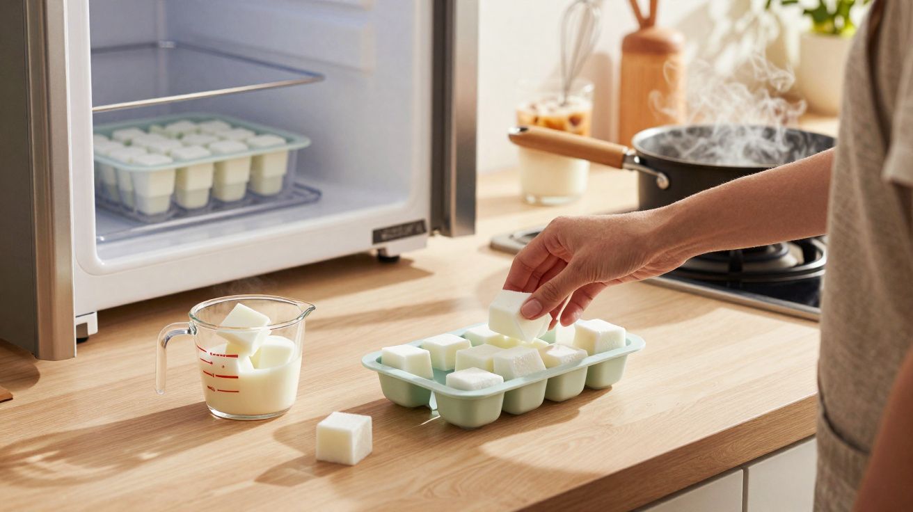 Pessoa a colocar cubos brancos numa forma de gelo na cozinha, com jarra de vidro e micro-ondas ao fundo.