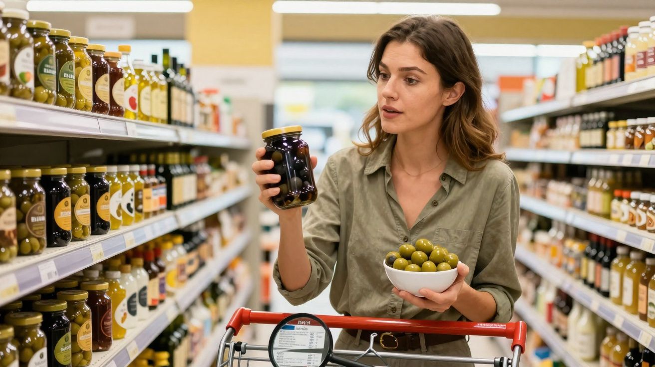 Mulher a escolher azeitonas em frascos no supermercado, com carrinho de compras e tigela de azeitonas na mão.