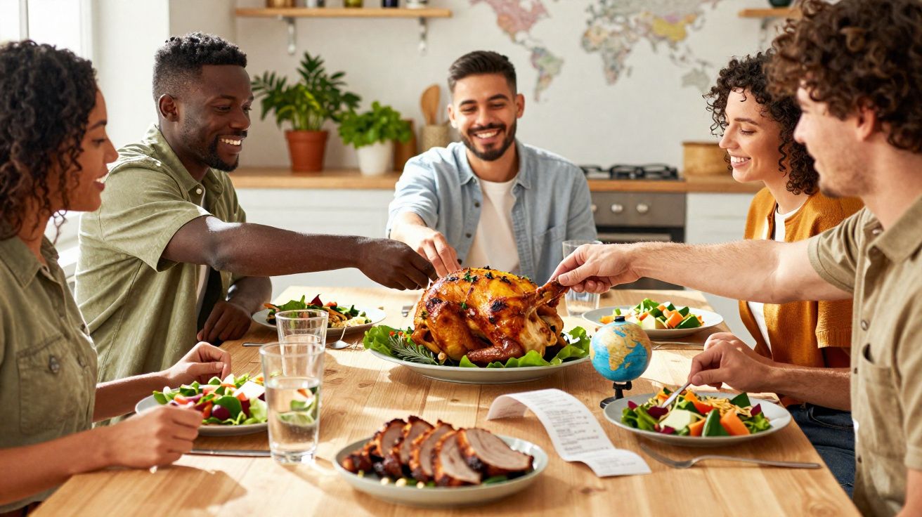 Grupo de amigos felizes a partilhar um jantar com frango assado e saladas numa mesa de madeira.