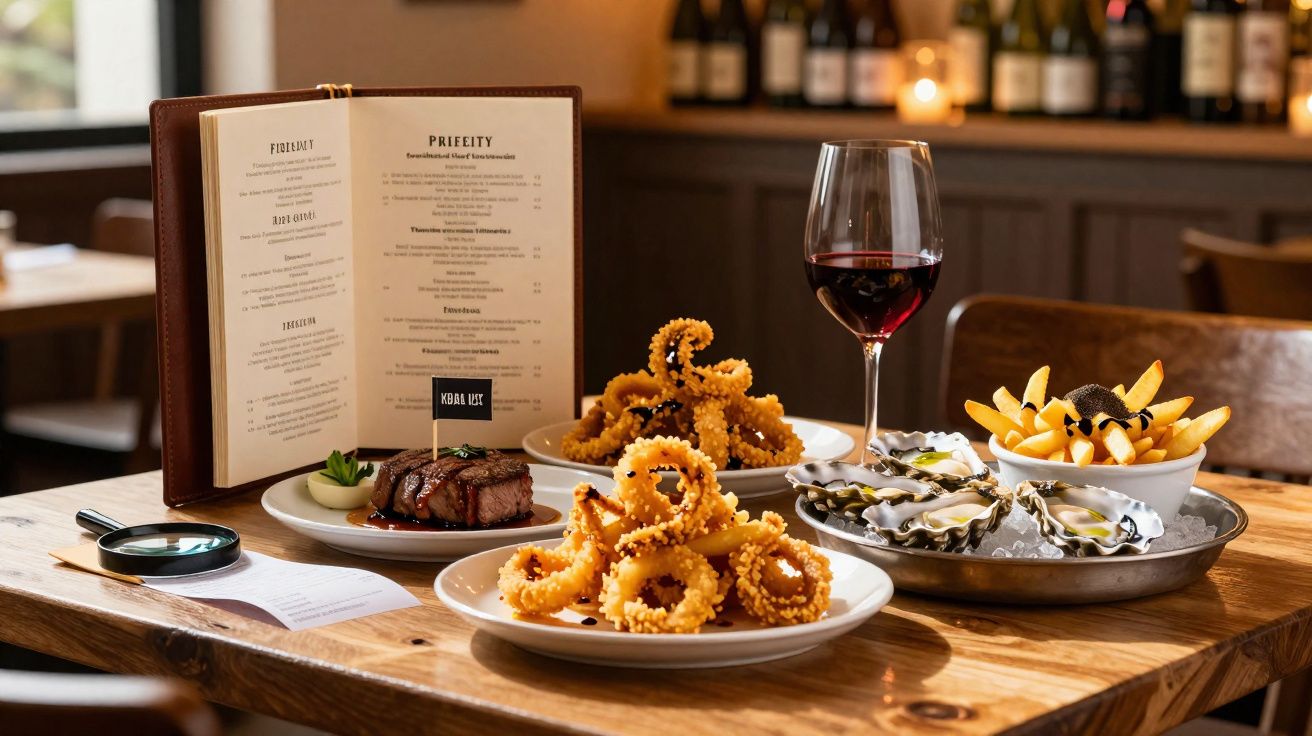 Mesa de restaurante com pratos de frutos do mar, batatas fritas, bife, vinho tinto e menu aberto.