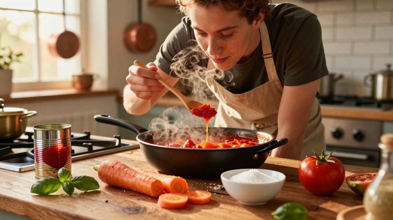 Pessoa a cozinhar molho de tomate numa cozinha iluminada com ingredientes frescos na bancada.
