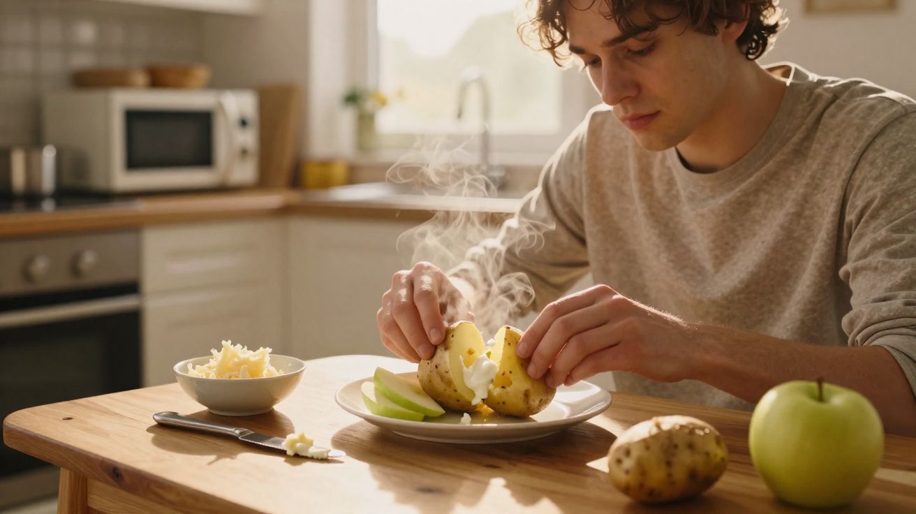 Jovem sentado a abrir uma batata quente com manteiga numa cozinha iluminada a luz natural.