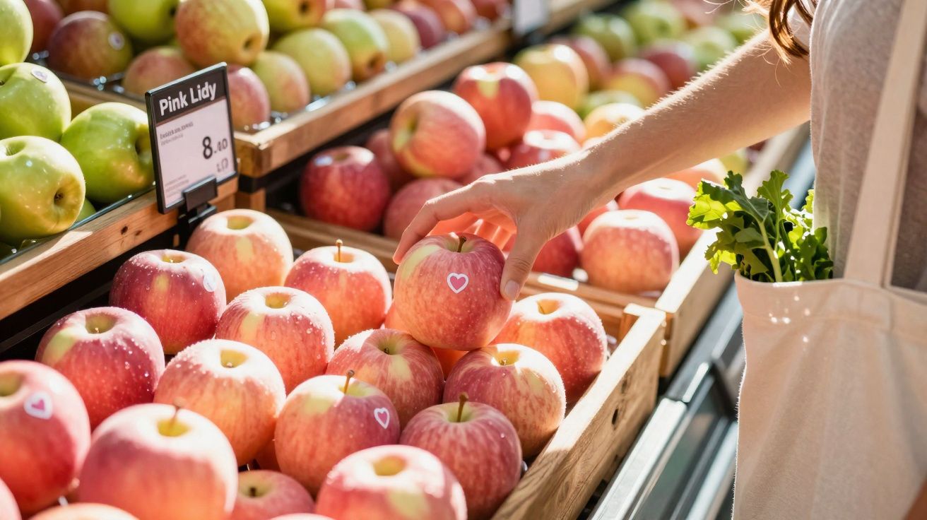 Pessoa a escolher maçã rosa num mercado, segurando sacola com folhas verdes.