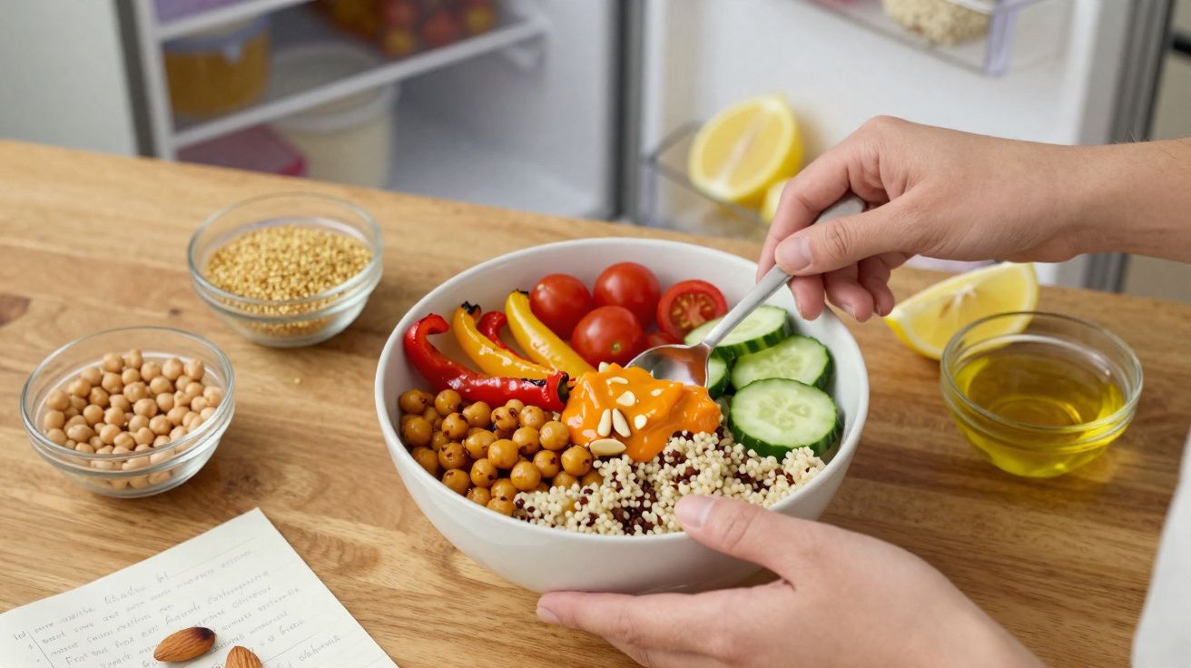 Pessoa segurando uma tigela com salada colorida, grão-de-bico, quinoa, pepino, tomate e molho laranja.