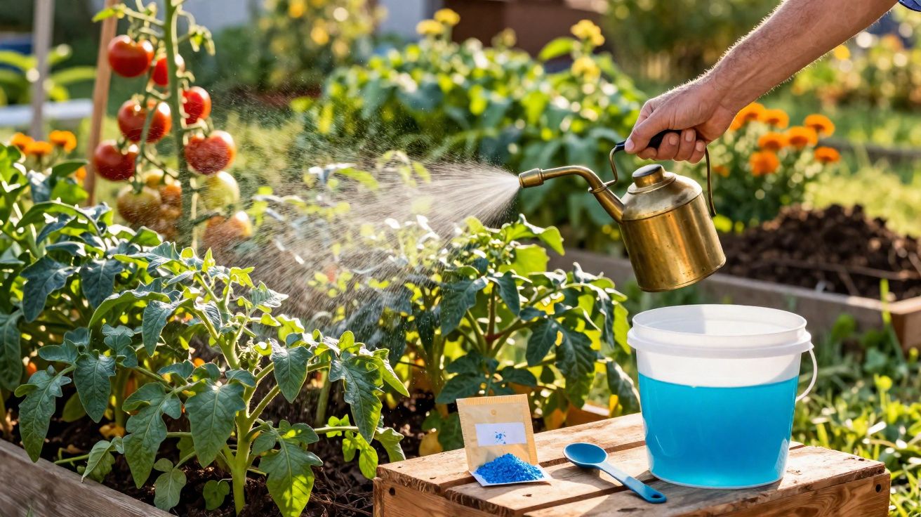 Pessoa a pulverizar plantas num jardim com regador metálico dourado ao lado de cubo com líquido azul.