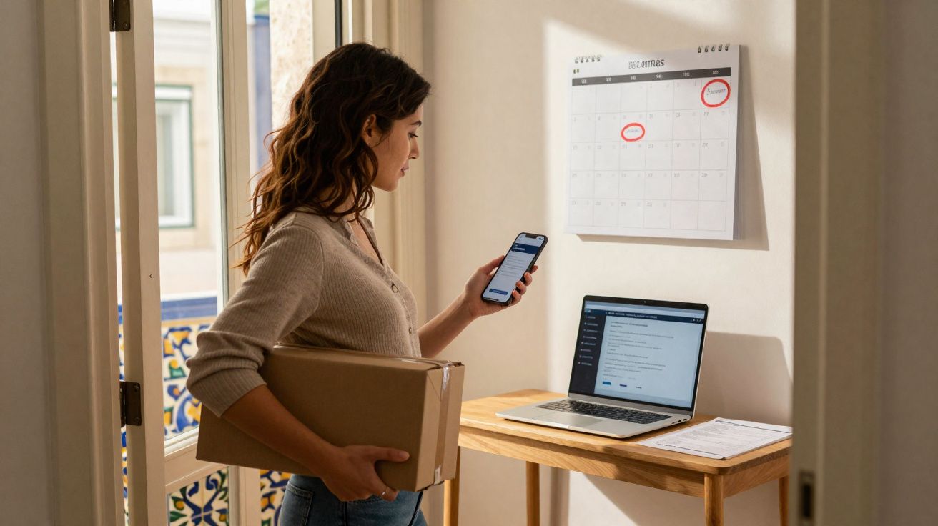 Mulher segura caixa, olha para o telemóvel, com laptop aberto e calendário na parede em escritório doméstico.