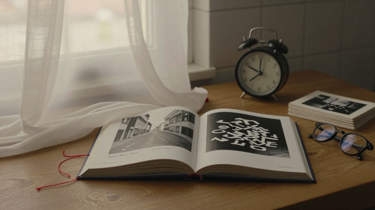 Livros abertos, relógio antigo, óculos e fotografias numa mesa de madeira junto à janela com cortina transparente.