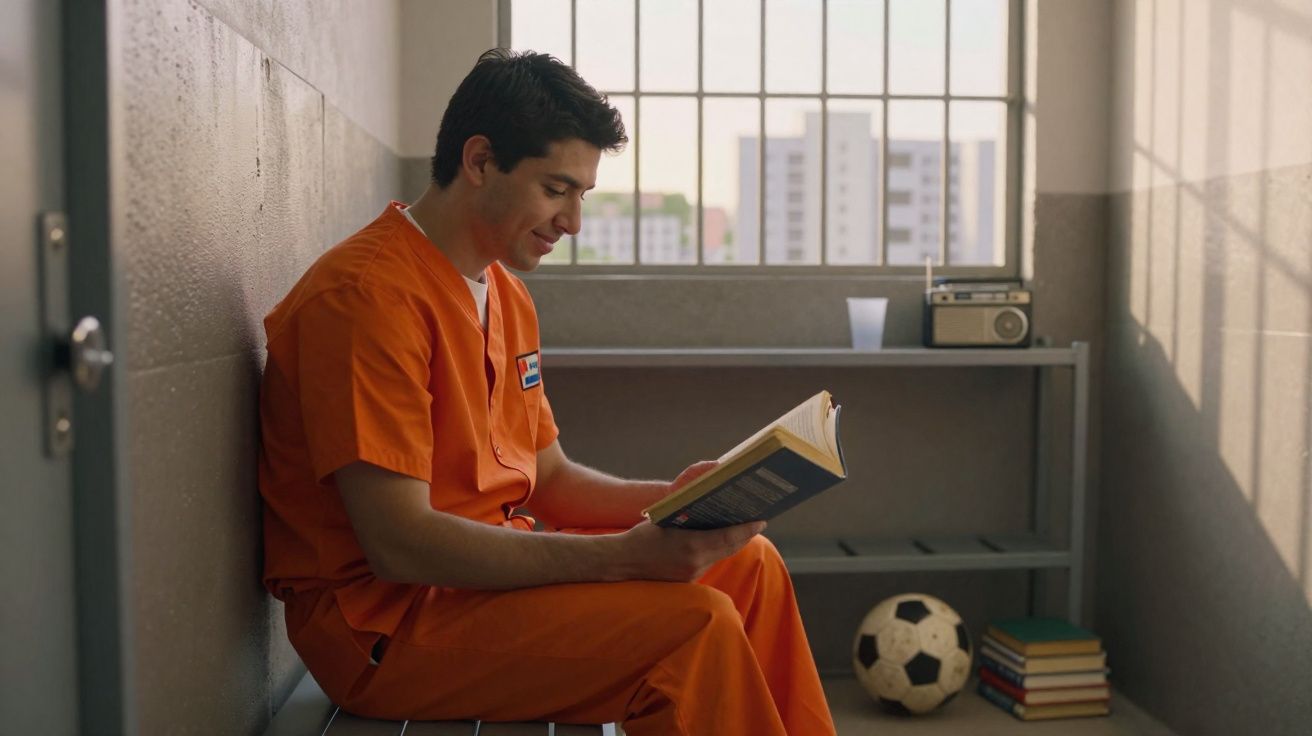 Homem com fato de presidiário laranja sentado numa cela a ler um livro, com bola de futebol e rádio atrás.