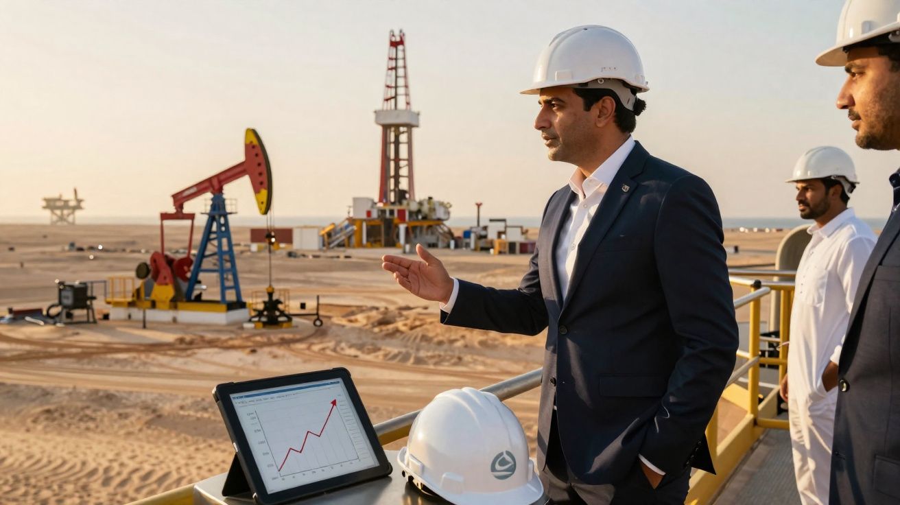 Engenheiros de petróleo em capacetes brancos analisam dados com gráfico, em plataforma petrolífera no deserto.