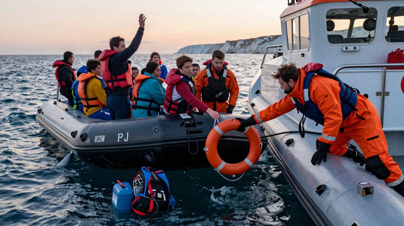 Grupo de pessoas com coletes salva-vidas numa embarcação a receber um aro salva-vidas de um homem num barco de resgate.