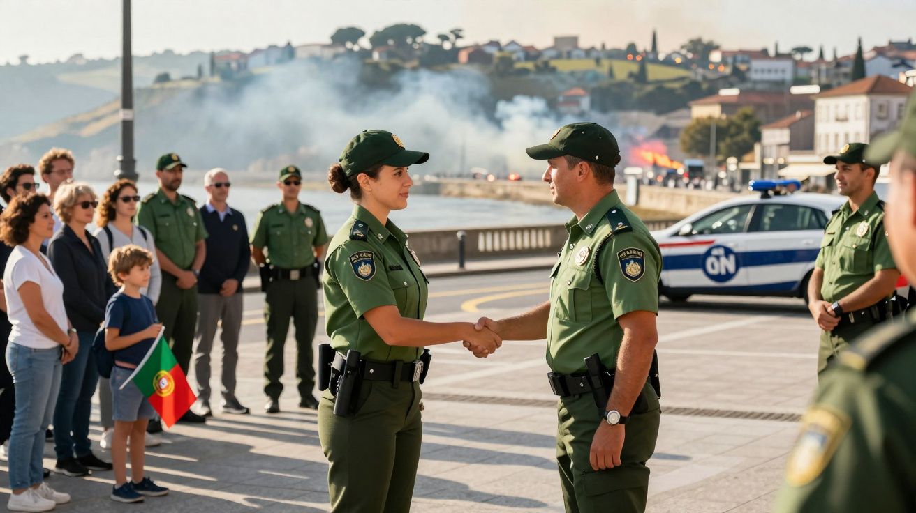 Dois agentes da polícia em uniforme verde apertam as mãos junto a civis e uma criança com bandeira de Portugal, junto ao mar.