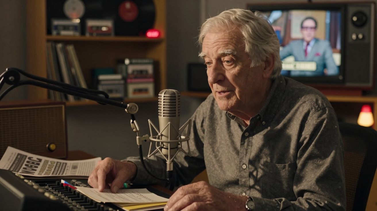 Homem idoso a falar ao microfone num estúdio de rádio com jornais e equipamento áudio à sua volta.