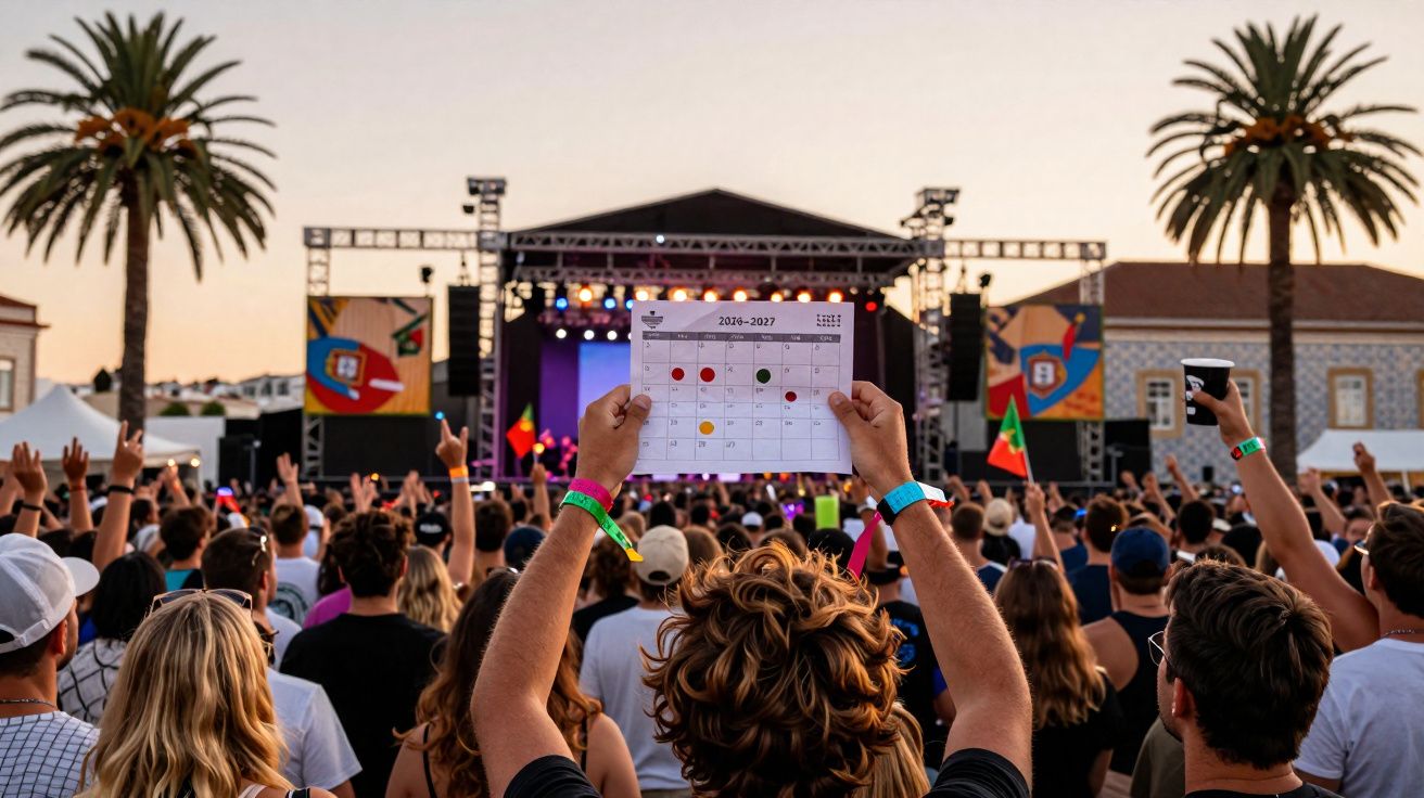 Pessoa segura calendário do evento frente a palco com multidão e bandeiras portuguesas ao pôr do sol.