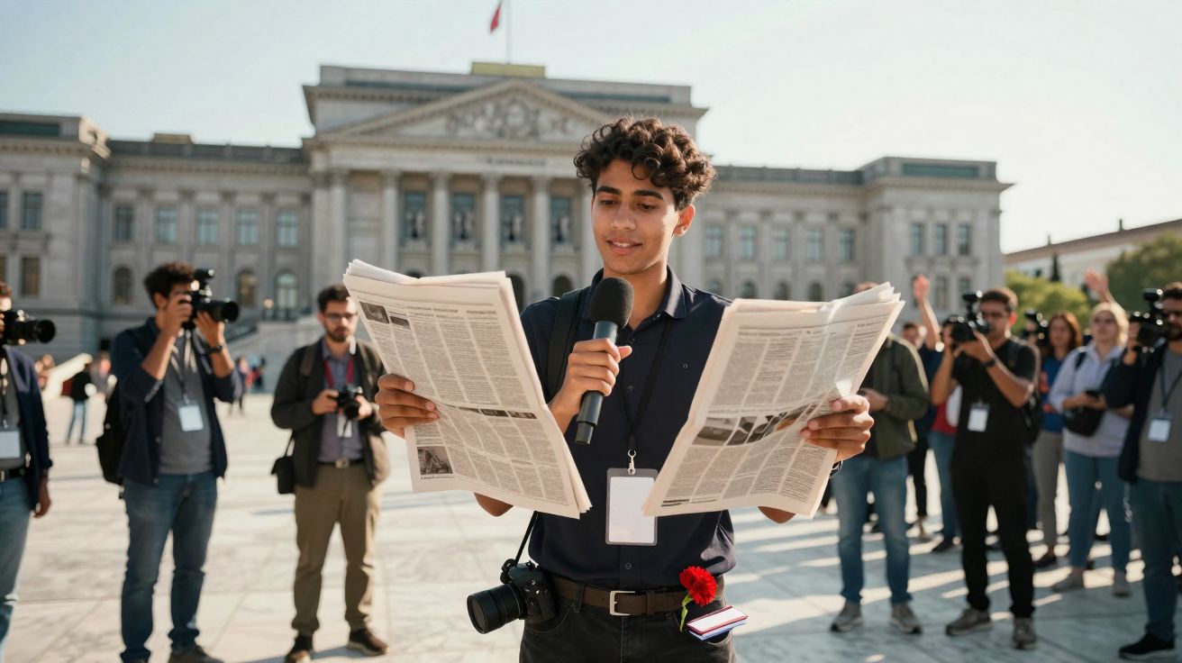 Jornalista jovem a ler notícias em jornal durante transmissão ao vivo, rodeado por fotógrafos e repórteres.