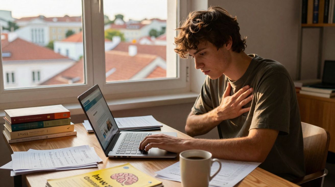 Jovem sentado a estudar com computador portátil, livros e café numa mesa junto a uma janela.
