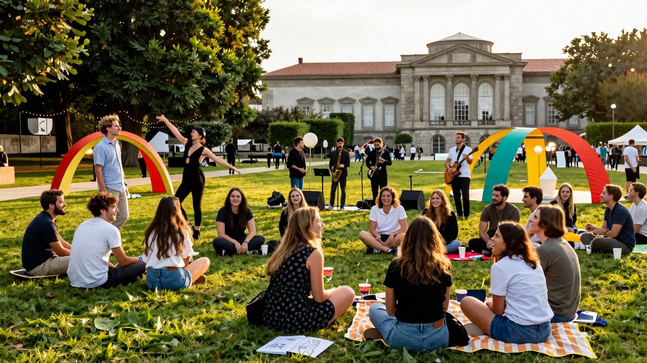 Jovens sentados em círculo num relvado verde, com músicos a tocar e arcos coloridos ao fundo, em ambiente urbano.