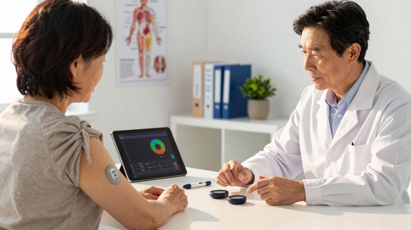 Médico consulta paciente e analisa dados de glicose no sangue mostrados num tablet numa clínica.