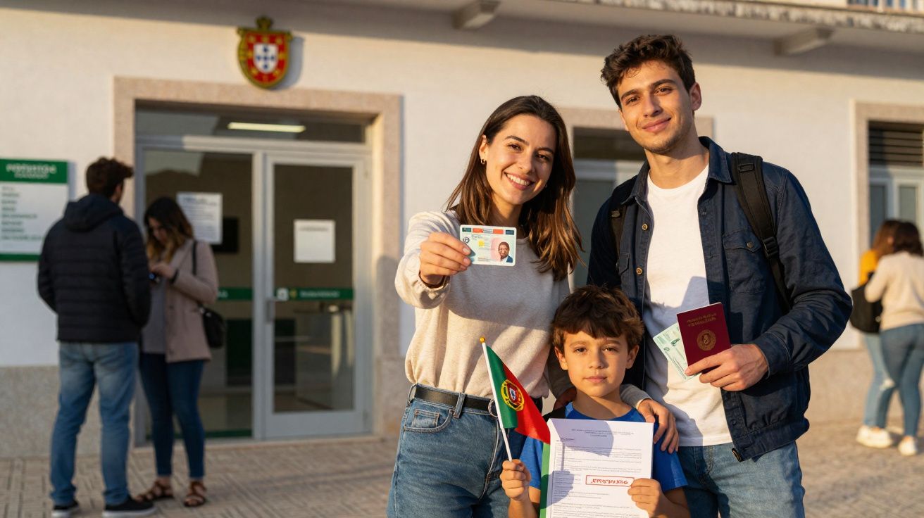 Família sorridente com documentos e bandeira de Portugal em frente a um edifício oficial em dia de sol.