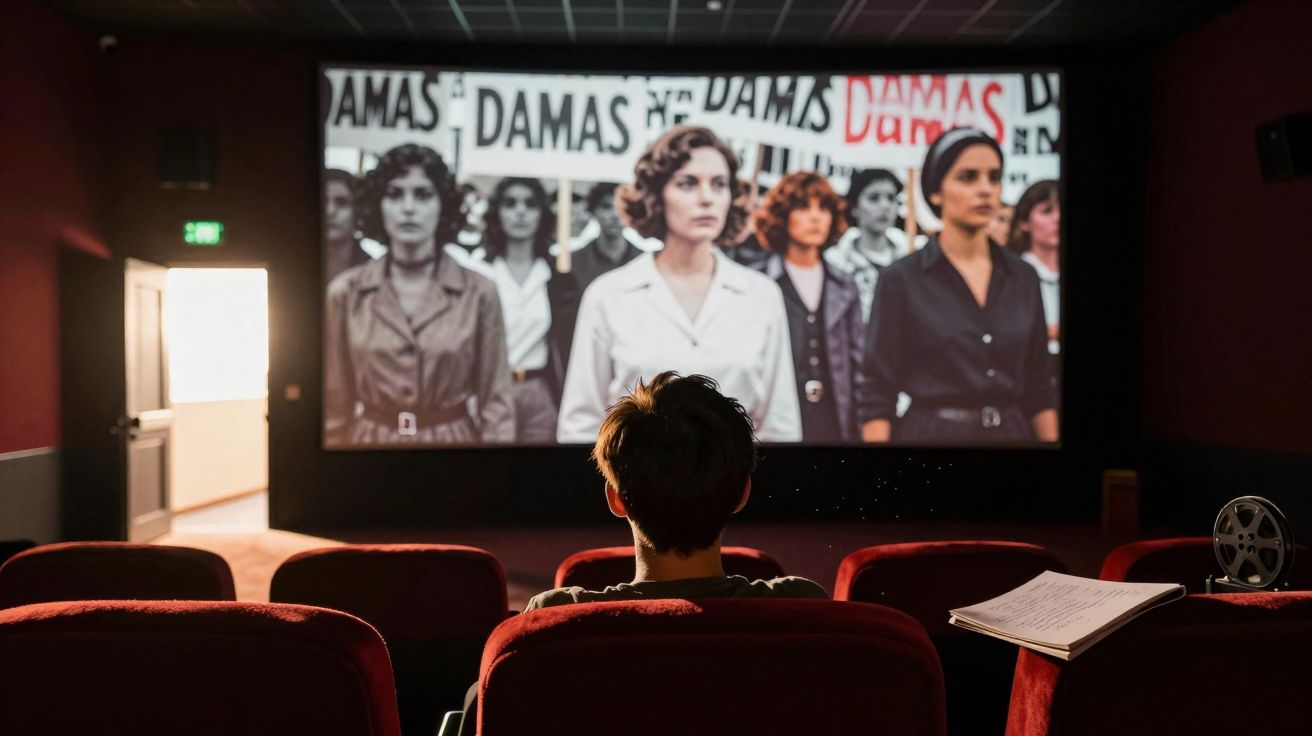 Pessoa sentada no cinema a assistir a um filme preto e branco com várias mulheres e placas com a palavra "Damas".