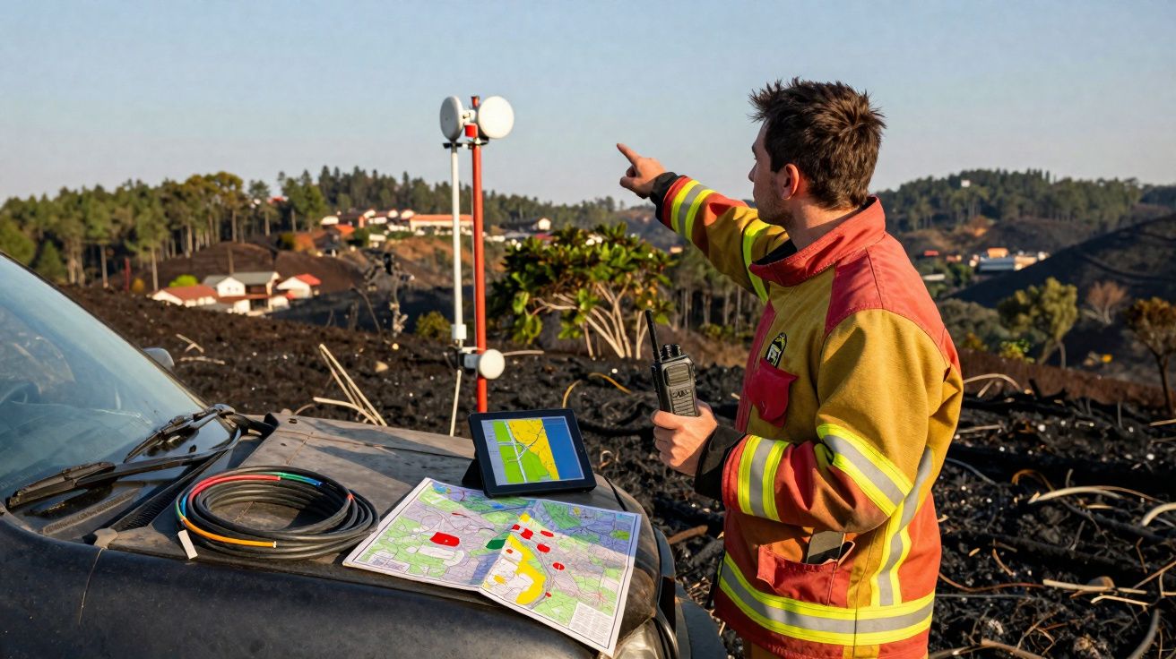 Bombeiro em equipamento a apontar para área queimada junto a veículo com mapas e rádio na mão.