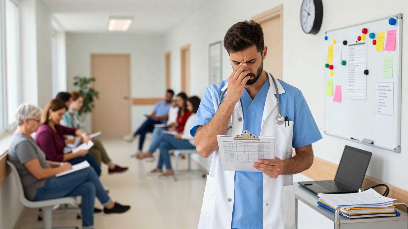Médico de bata branca, visivelmente preocupado, consulta ficha enquanto pacientes esperam sentados na sala de espera.