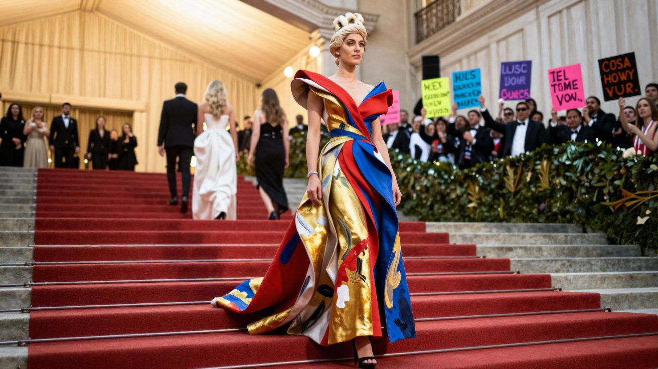 Mulher com vestido colorido e volumoso desce escadaria vermelha em evento formal com espectadores ao fundo.