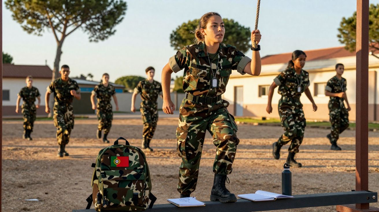 Jovem militar portuguesa realiza exercício físico com colegas em treino ao ar livre num quartel.