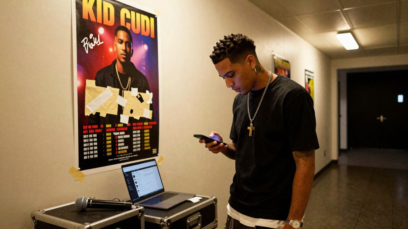 Jovem com telemóvel ao lado de computador e microfone numa sala com cartaz do Kid Cudi na parede.
