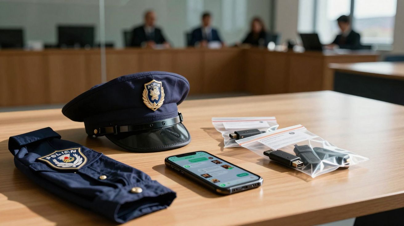 Farda e chapéu de polícia sobre mesa com telemóvel e objetos em sacos de plástico numa sala de reuniões.