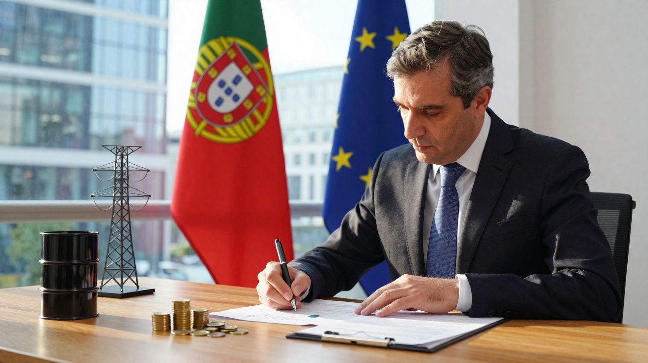 Homem em fato assina documento sentado à secretária com bandeiras de Portugal e Europa ao fundo.