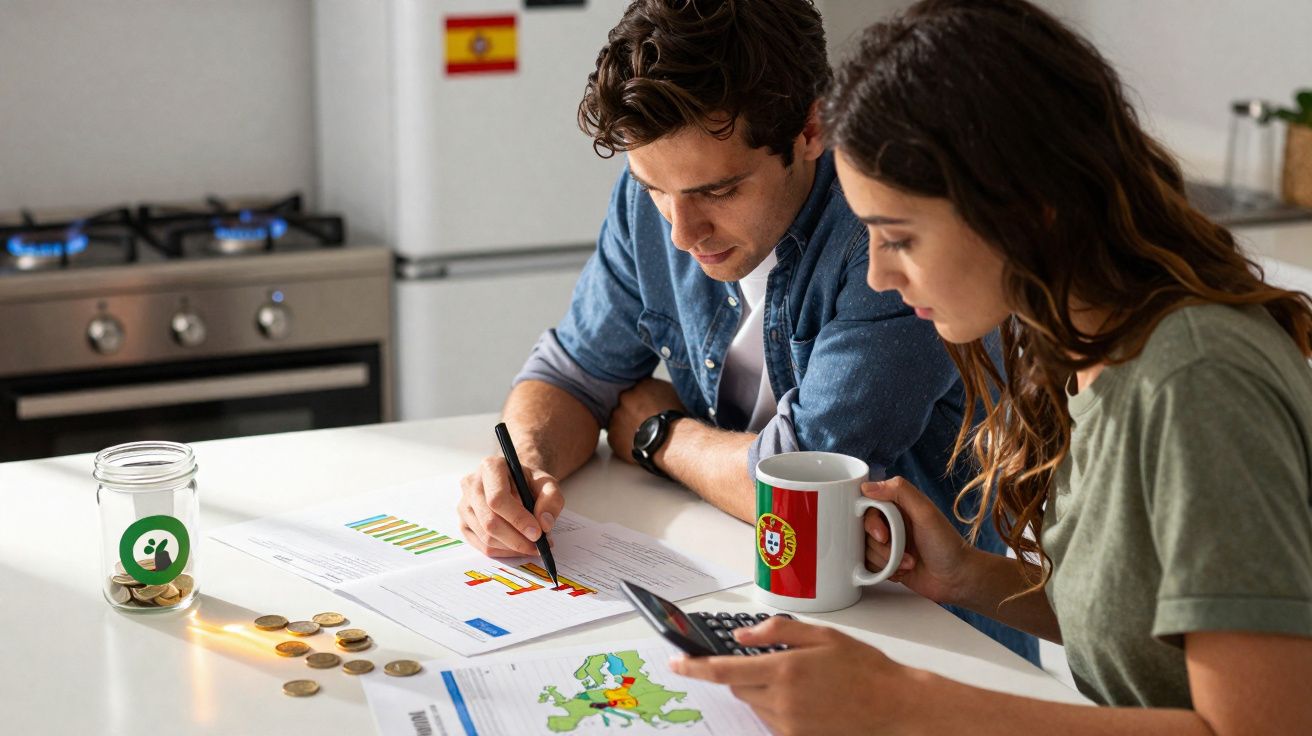 Casal analisa gráficos financeiros na cozinha, com moedas e canecas de Portugal e Espanha na mesa.