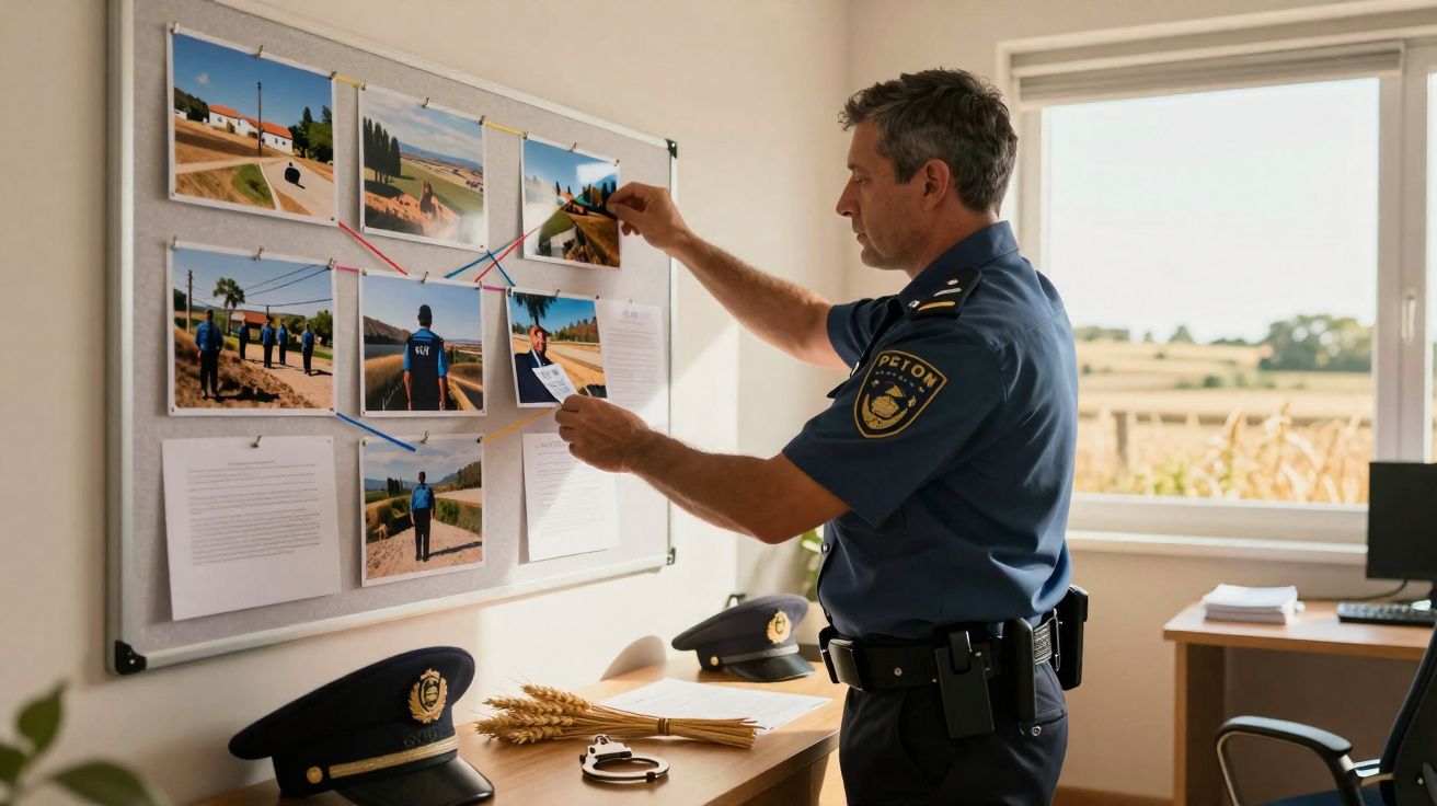Polícia em escritório analisando fotos e documentos ligados com cordas coloridas numa investigação.