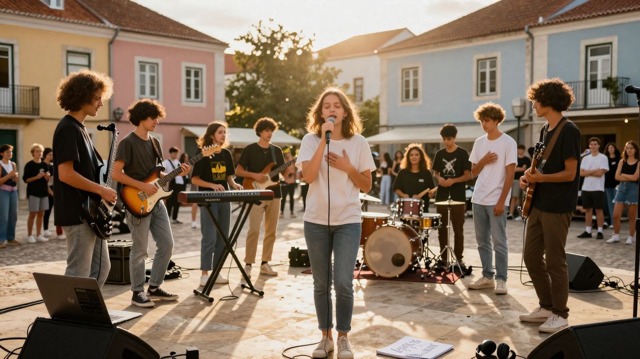 Jovens a tocar instrumentos e cantar em praça com casas coloridas ao fundo ao pôr do sol.